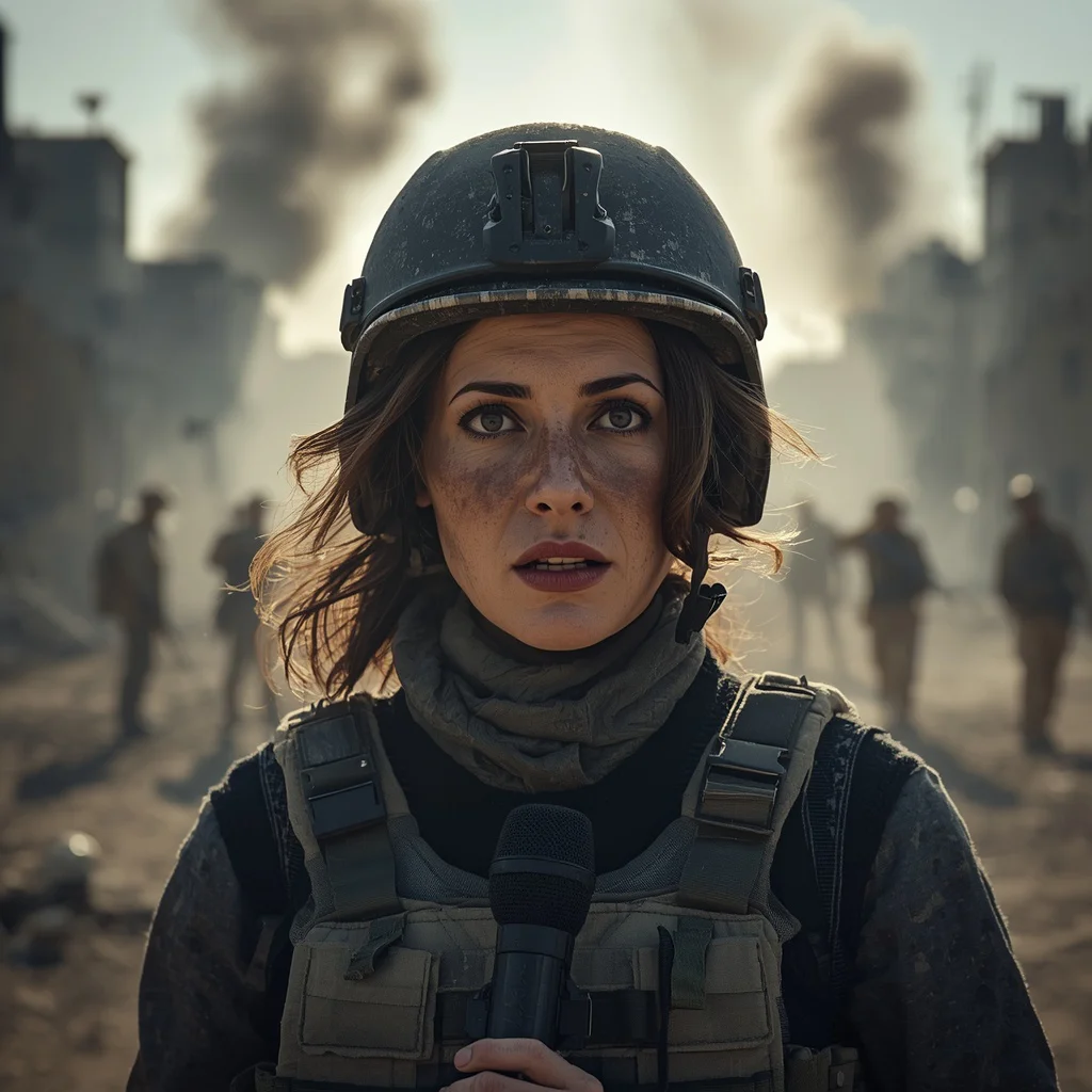 A Female Journalist's Determined Reportage in a War-Torn City | viral ai image prompt — AI image prompt