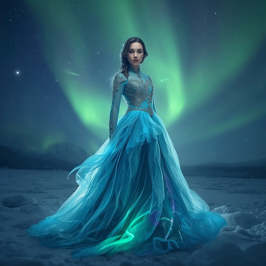 Beautiful Girl Aurora Borealis Gown Nordic Goddess Epic | retro style prompt for gemini girl instagram — AI image prompt