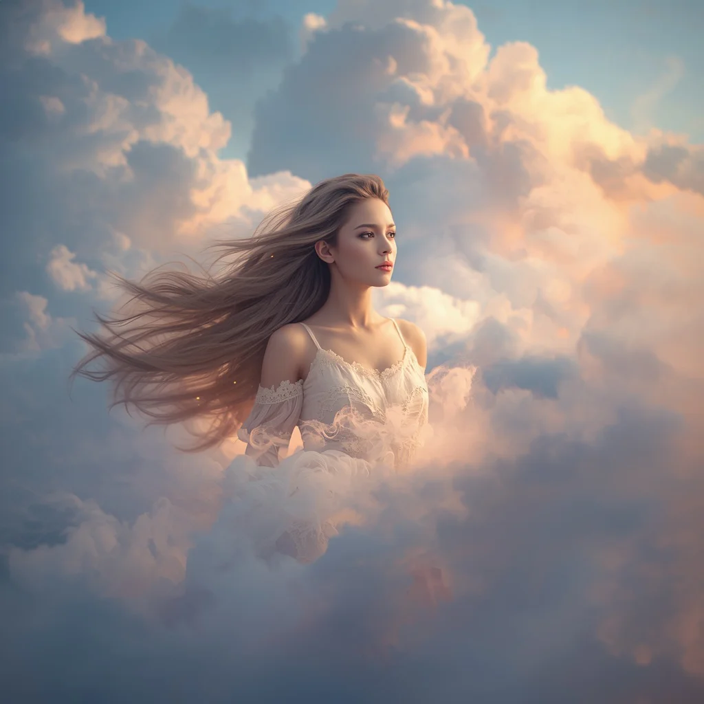 Beautiful Girl Mystical Cloud Swirls Dreamy Sky Portrait | Prompt seen Gemini girl Instagram — AI image prompt