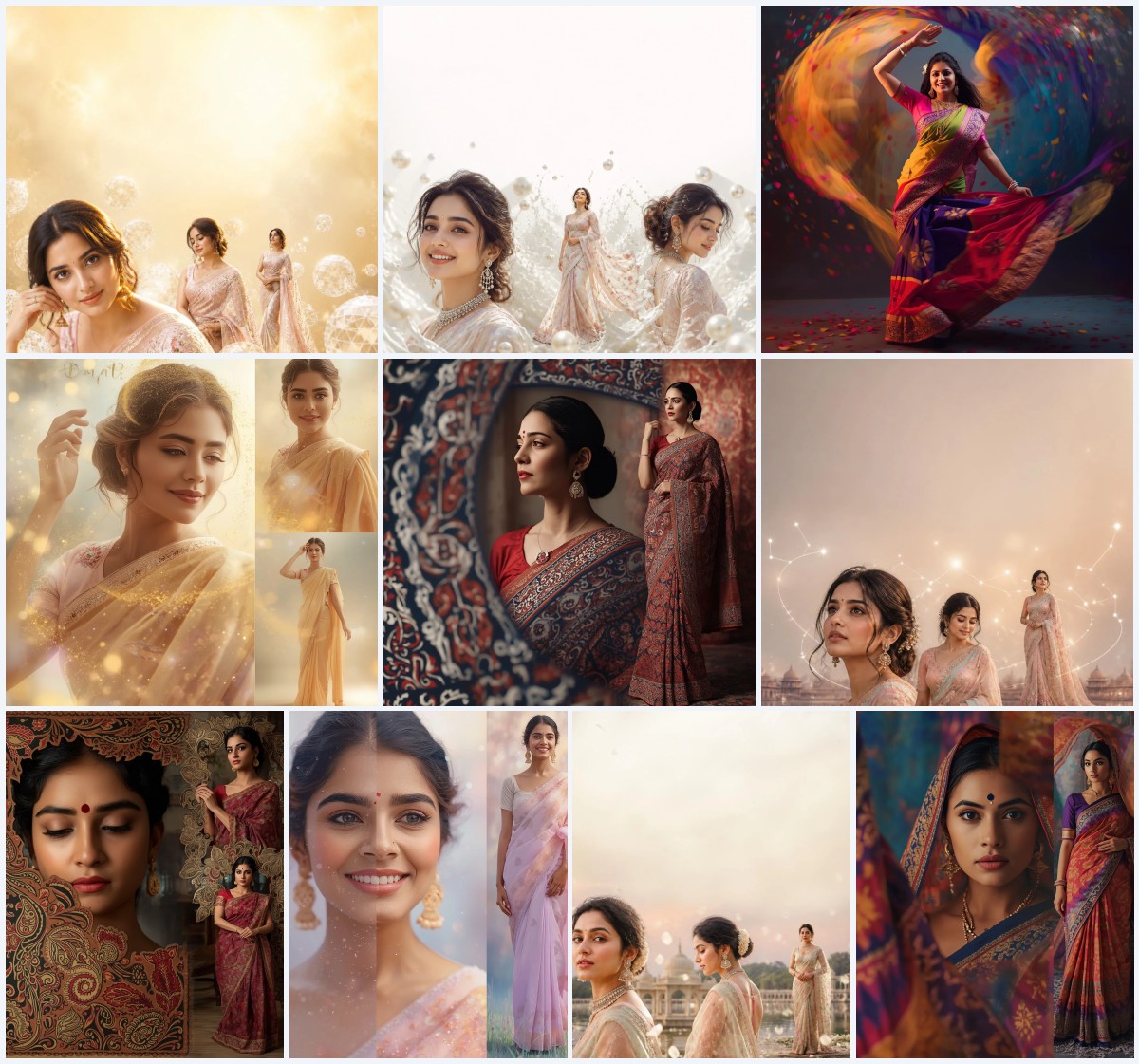 Best 10 Fantasy Saree AI Prompts for Regal Queen-like Photography | prompt for gemini girl in saree instagram in english