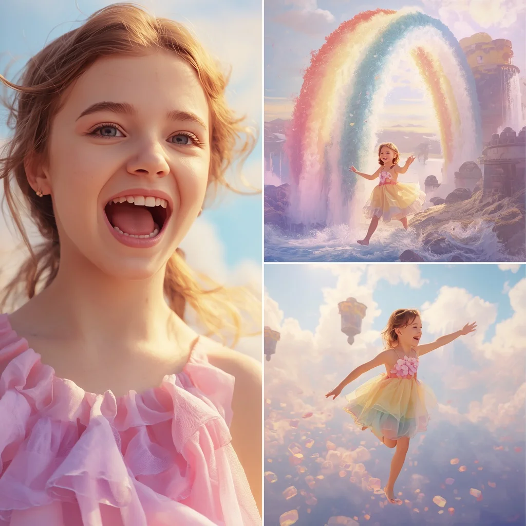 Cute Girl in a Floating Island Park of Rainbow Waterfalls Whimsical | prompt seen trending girl Instagram — AI image prompt