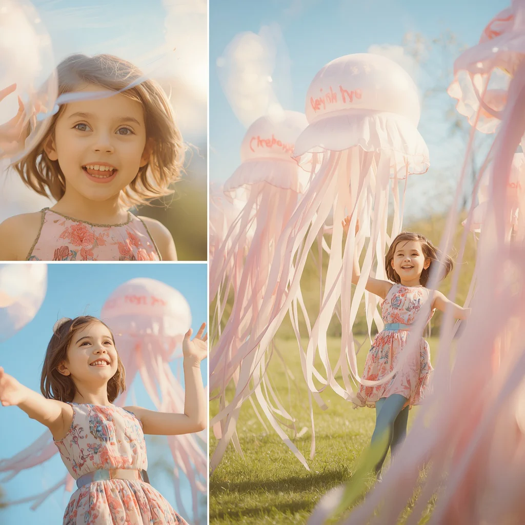 Cute Girl Playing with Giant Jellyfish Balloons Whimsical Joy | prompt for Gemini girl Instagram — AI image prompt