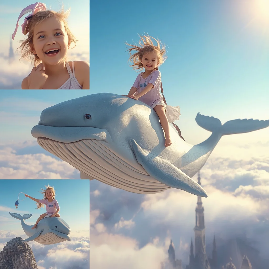 Cute Girl Riding a Mythical Sky Whale Through Cloud Cities Whimsical | traditional prompt for chatgpt in english for girl — AI image prompt