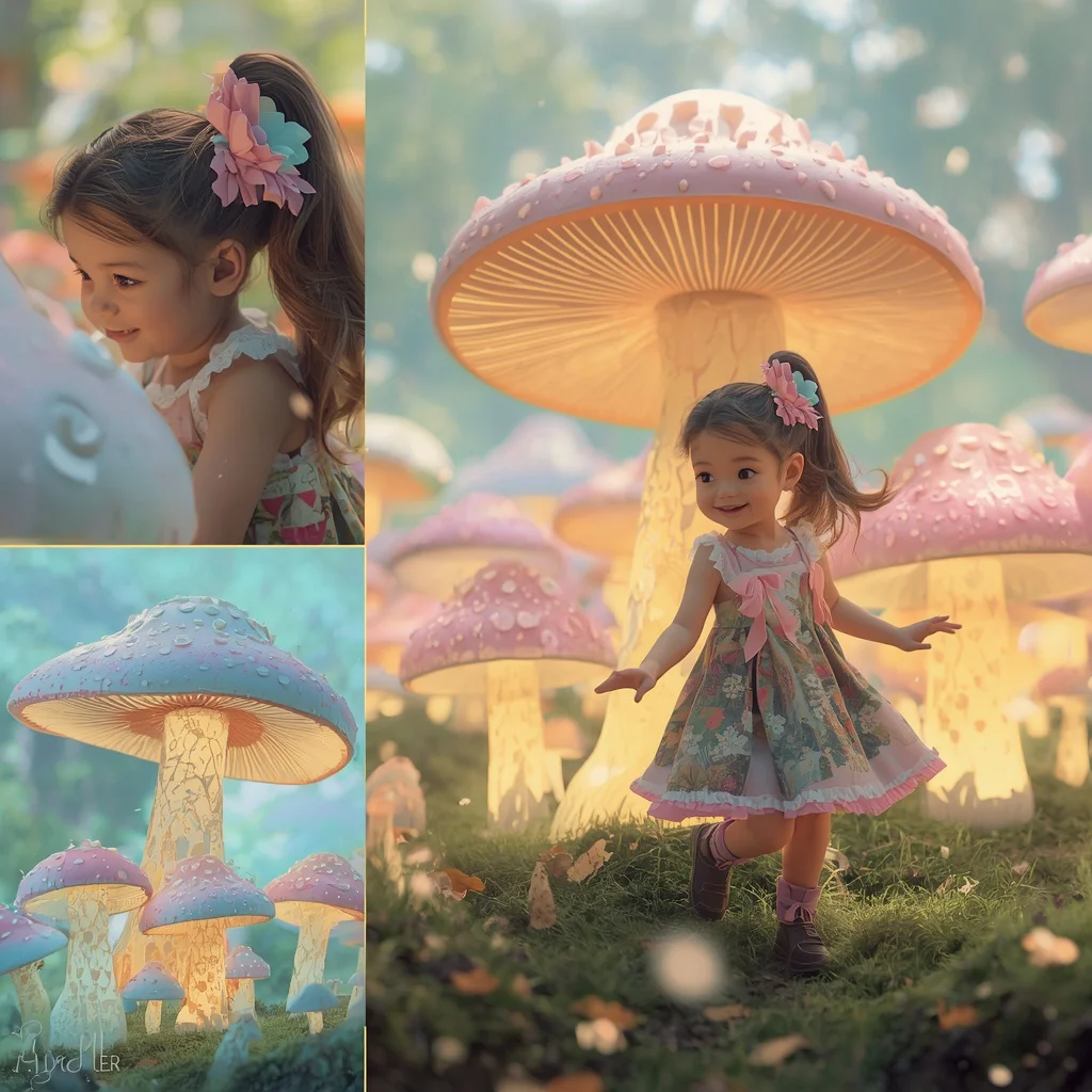 Cute Girl with a Magical Forest of Giant Glowing Mushrooms Whimsical | Retro style prompt for Gemini girl Instagram — AI image prompt