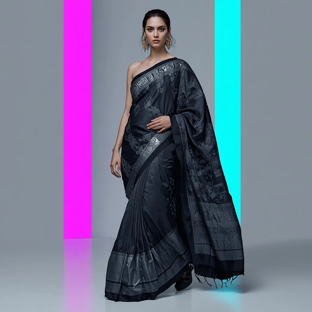 Cyberpunk Festival Saree with Digital Glitch Mirror-work and Neon Panels | instagram prompt for traditional look for girl in english — AI image prompt