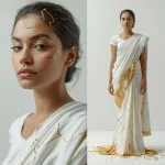 Fragile Porcelain Saree Kintsugi with Molten Gold Veins | prompt for gemini ai girl modern saree