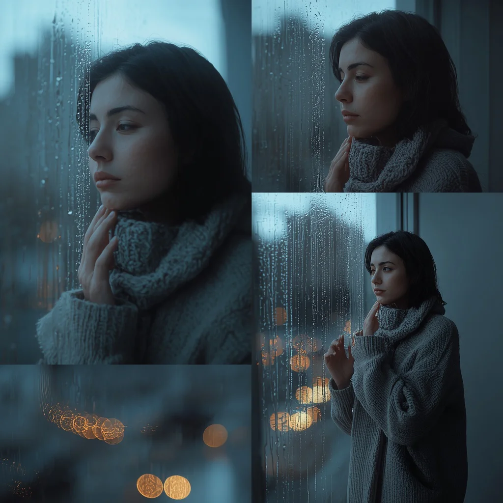 Glistening Rainfall Streak Collage: Pensive Woman by Window | Instagram prompt for traditional look for girl