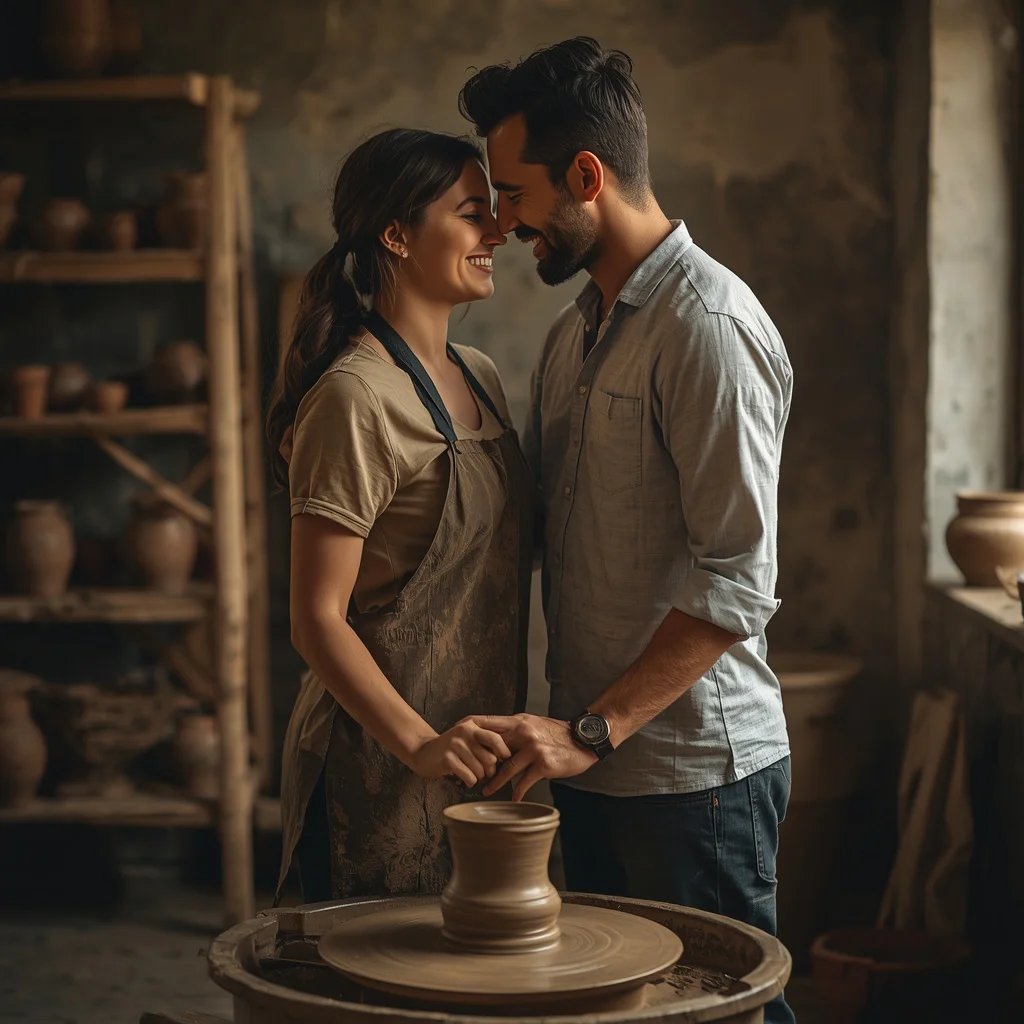 A Romantic Couple's Artistic Embrace in a Pottery Studio — AI image prompt