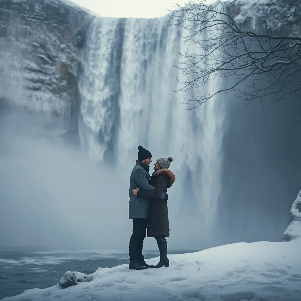 A Romantic Couple's Embrace by a Snowy Waterfall — AI image prompt