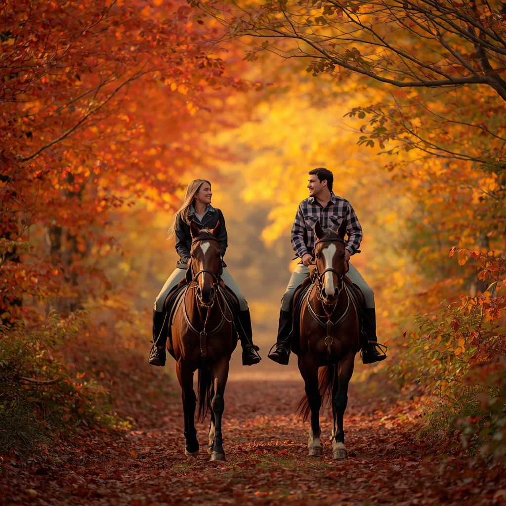 A Romantic Couple's Horseback Ride Through Autumn Woods — AI image prompt