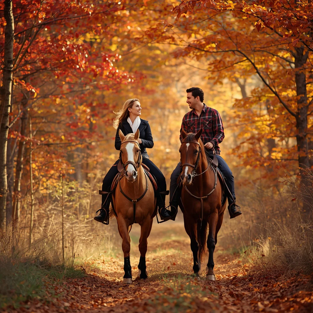 A Romantic Couple's Horseback Ride Through Autumn Woods — AI image prompt