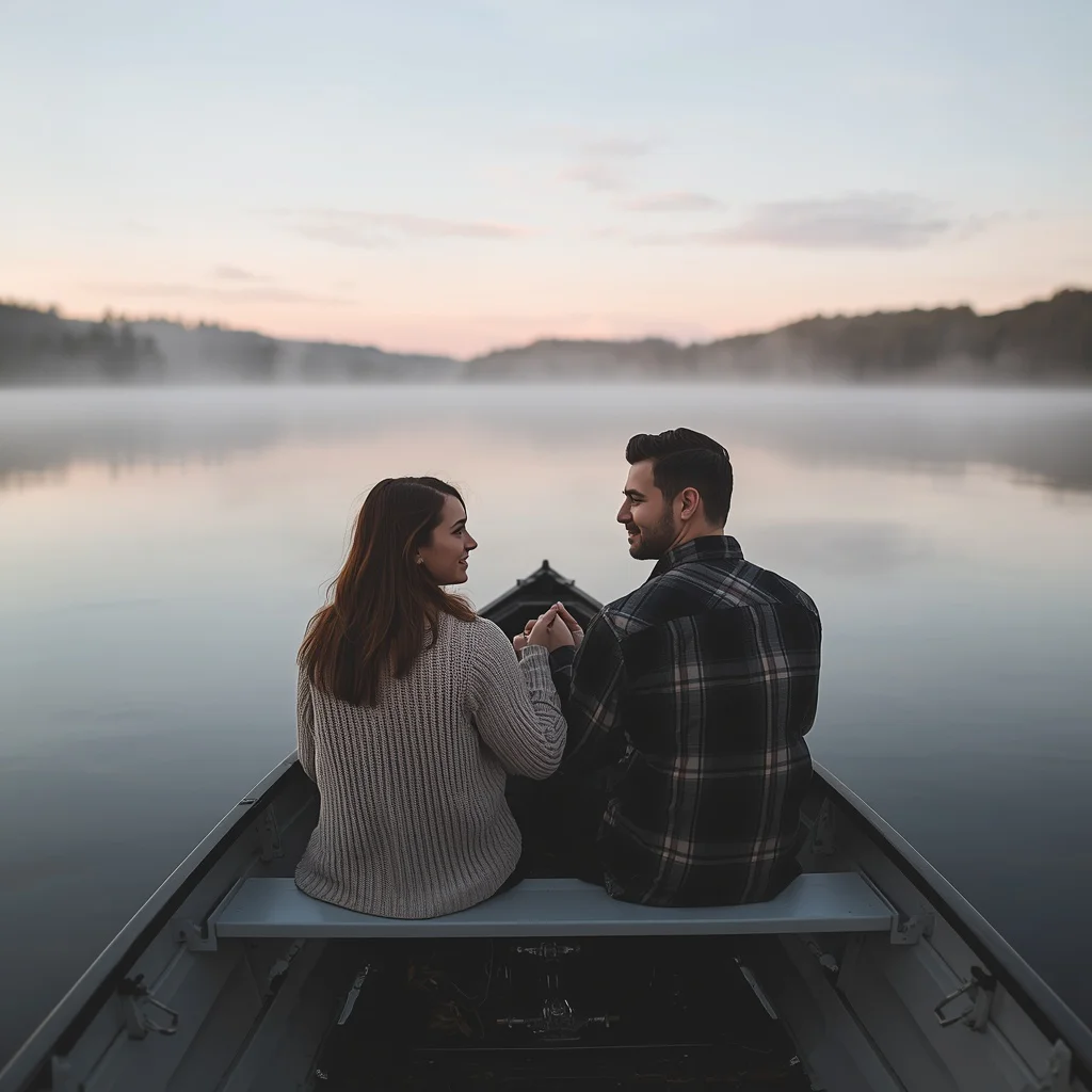 A Romantic Couple's Rowboat Serenity on a Misty Lake — AI image prompt