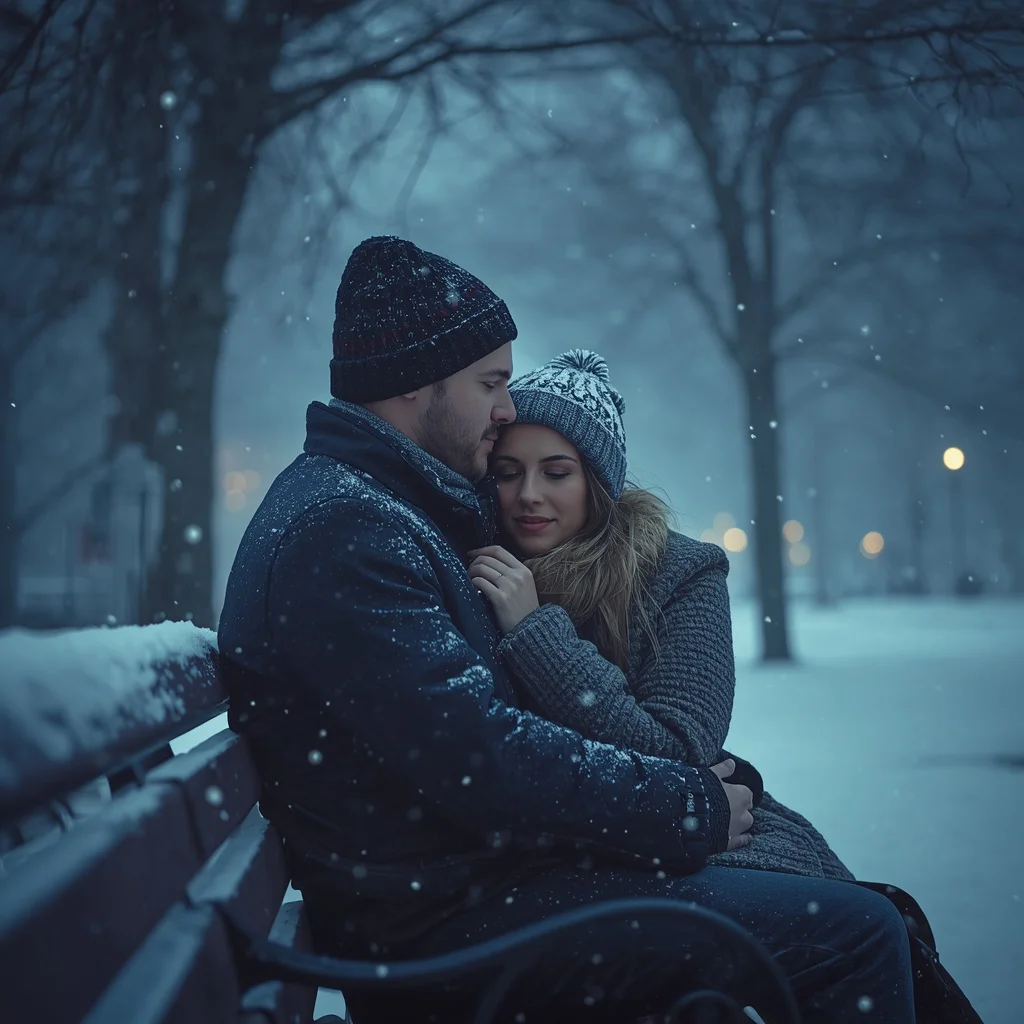A Romantic Couple's Snowy Park Bench Embrace — AI image prompt