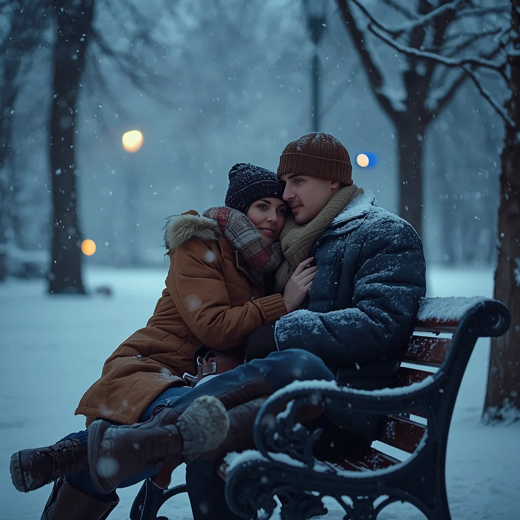 A Romantic Couple's Snowy Park Bench Embrace — AI image prompt