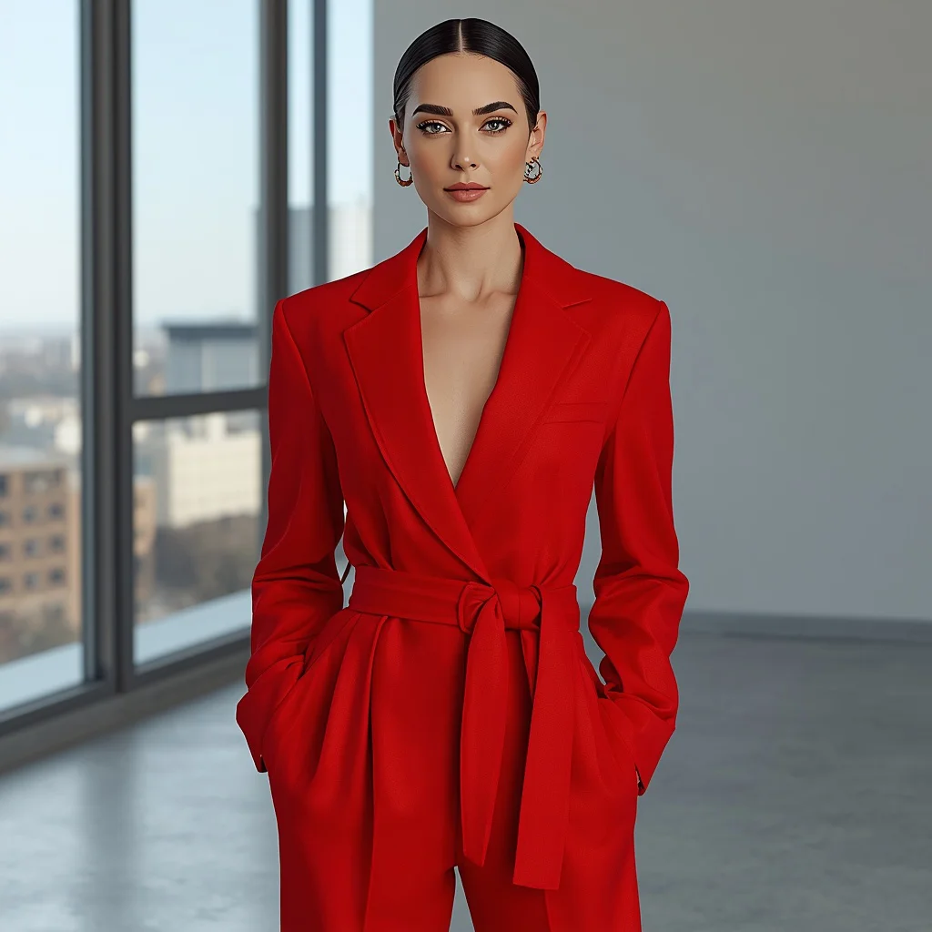 Bold Red Crepe Jumpsuit with Plunging Neckline for a Modern Power Event — AI image prompt