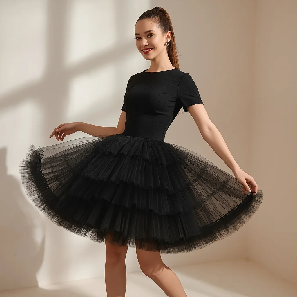 Chic Black Mini Dress with Voluminous Tulle Skirt for a Playful Evening — AI image prompt
