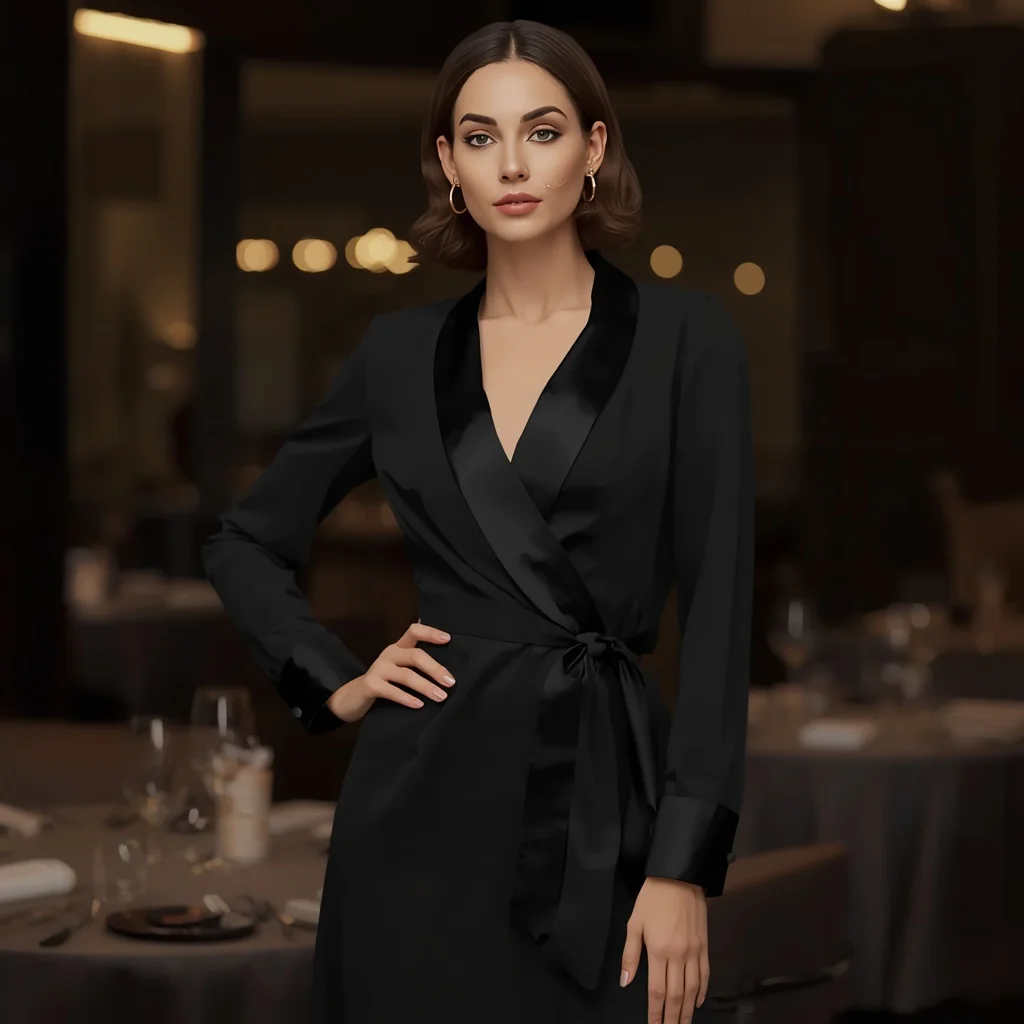 Chic Black Wrap Dress with Satin Details for a Sophisticated Business Dinner — AI image prompt
