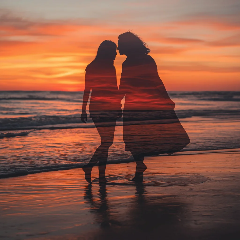 Cinematic Double Exposure of a Couple and a Sunset Beach Landscape — AI image prompt