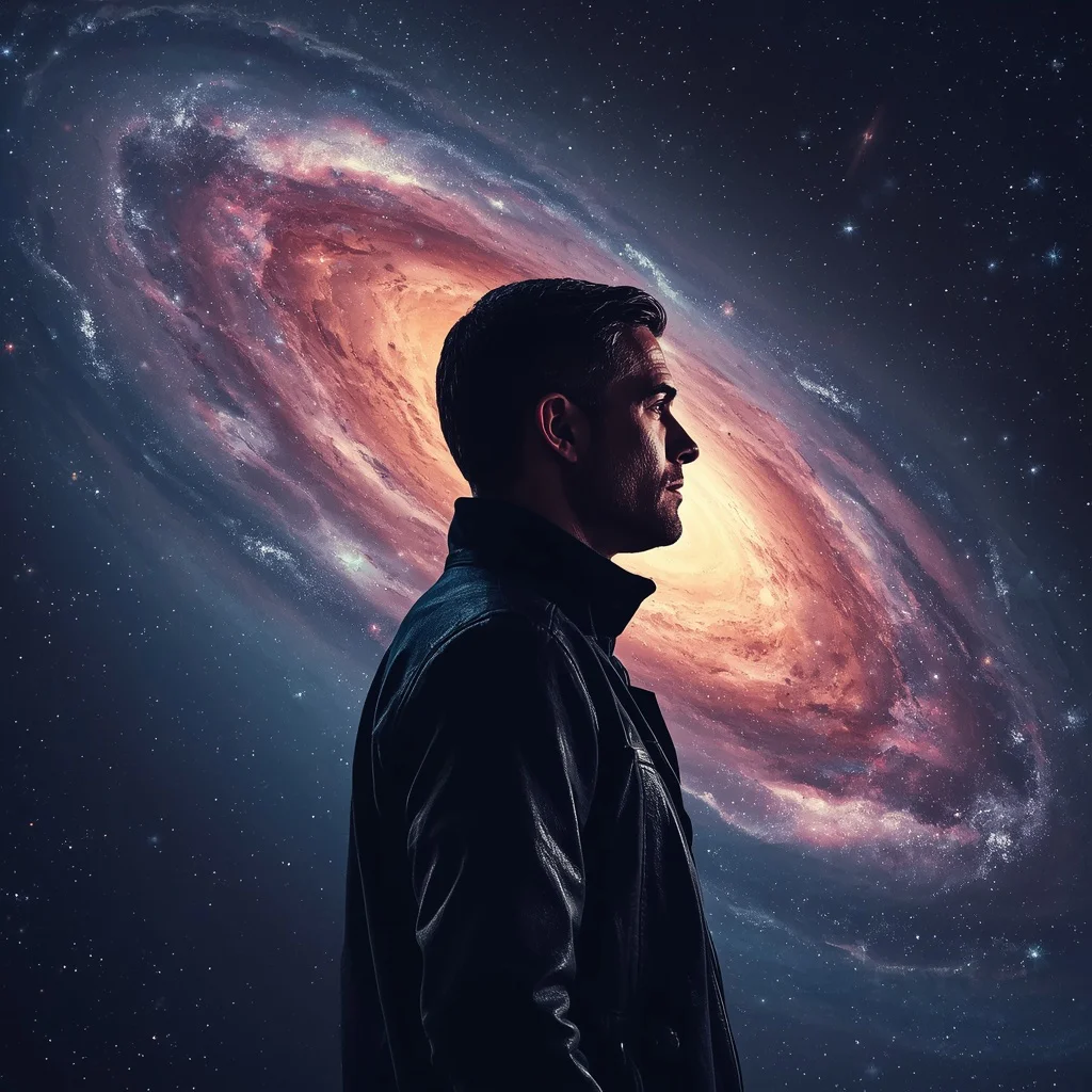 Cosmic Traveller: A Man's Profile with Galaxy Backdrop — AI image prompt