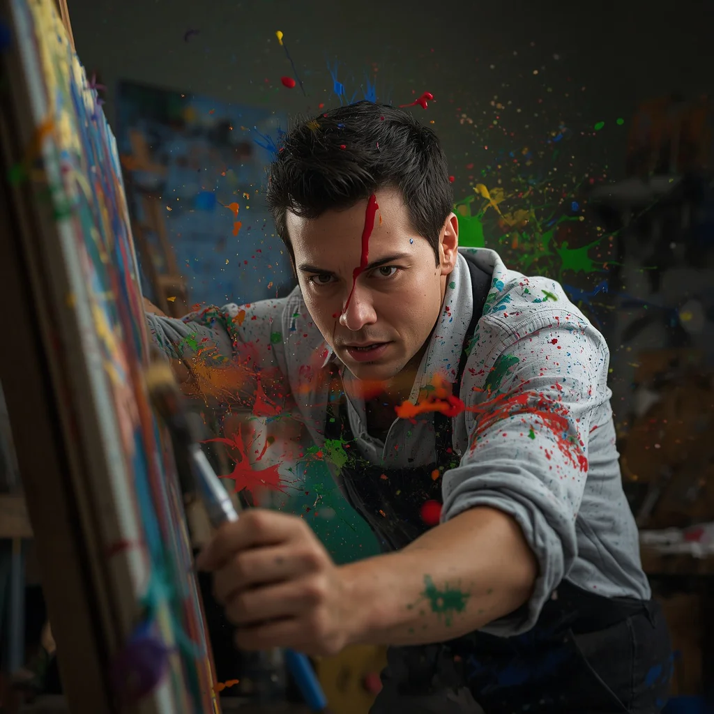 Dynamic Male Portrait: Artist at Work with Exploding Colors — AI image prompt