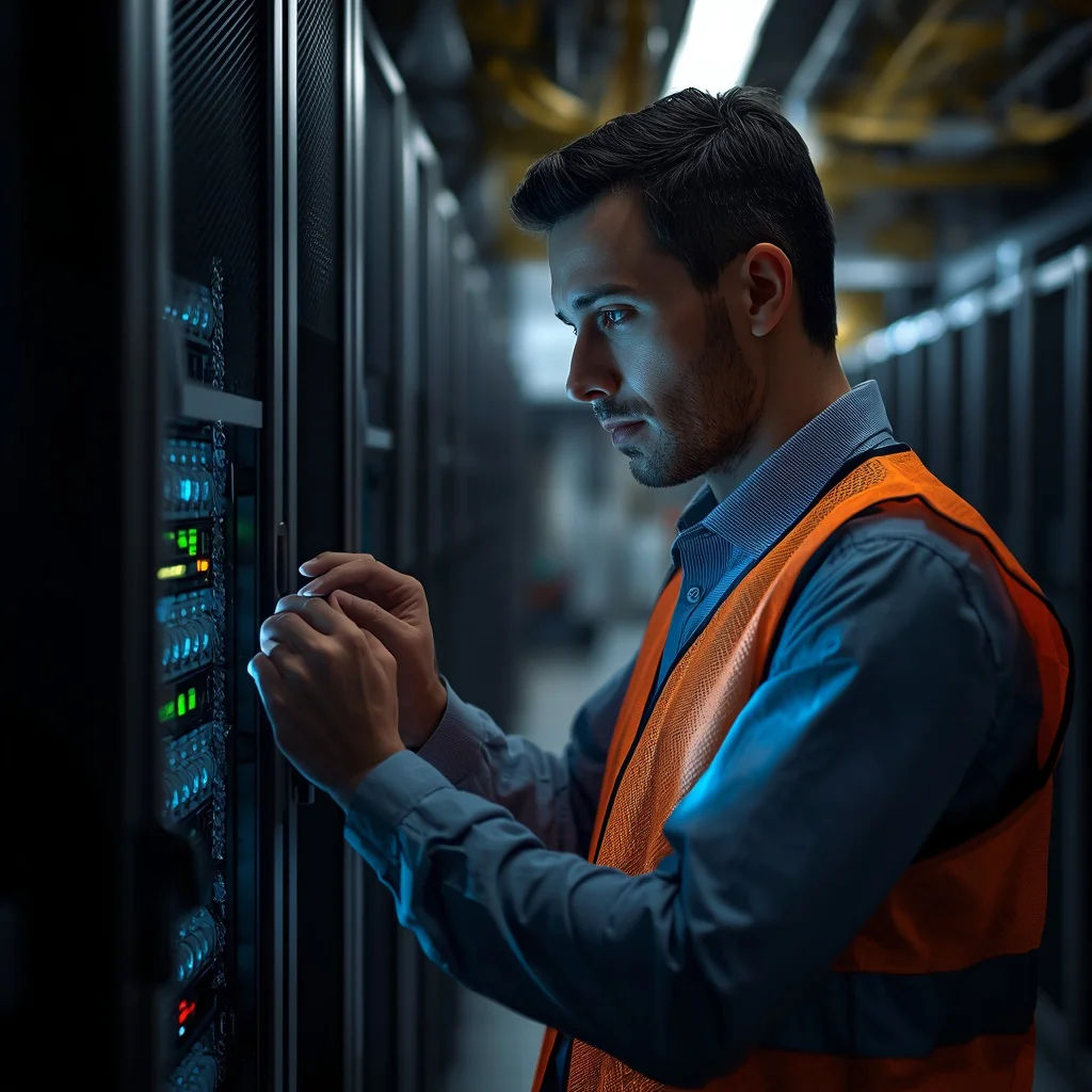 Dynamic Male Portrait: Focused Engineer in Server Room — AI image prompt