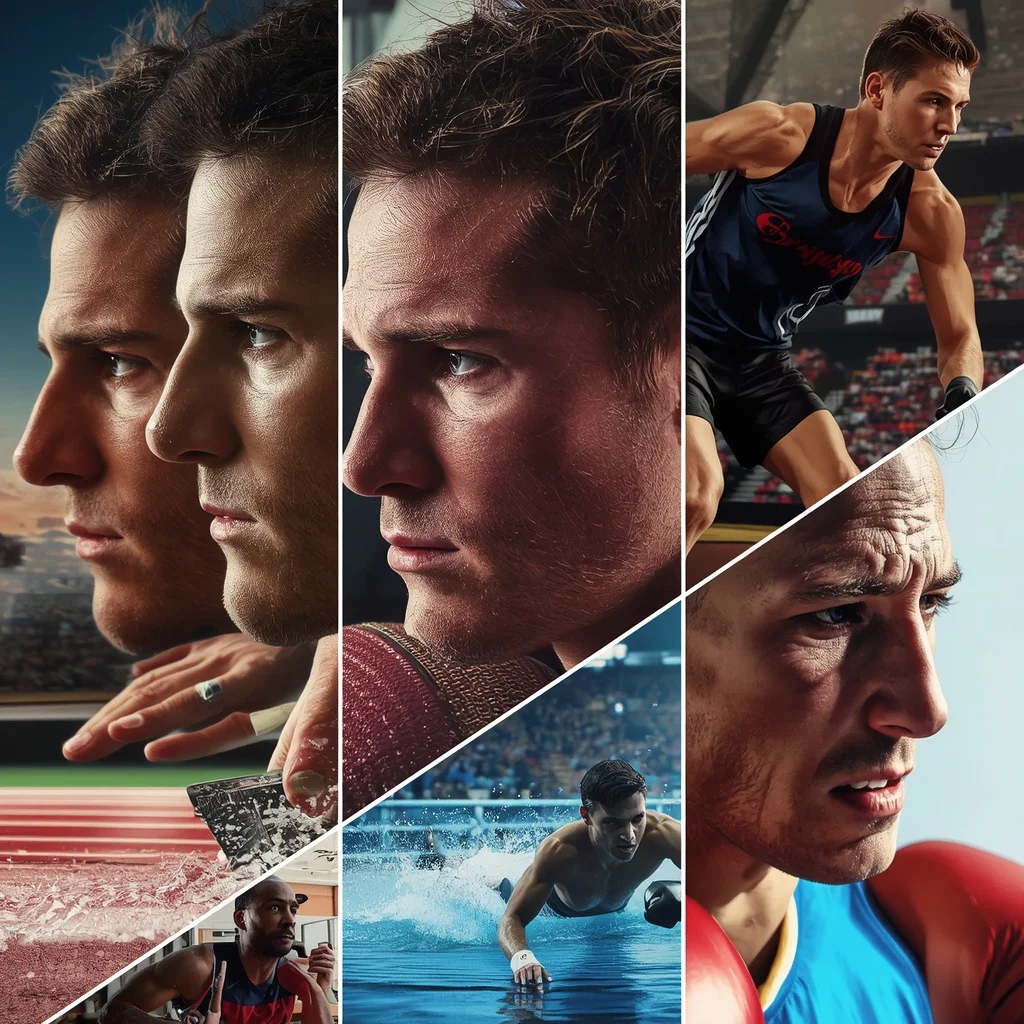 Dynamic Multi-Panel Male Portrait: Sports and Athlete Focus — AI image prompt