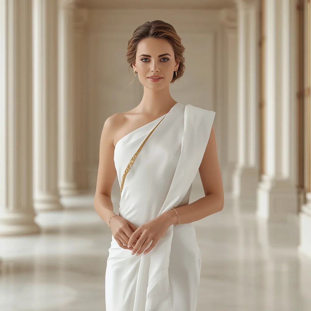 Elegant White Column Gown with One-Shoulder Drape and Gold Trim for Bridal Glamour — AI image prompt
