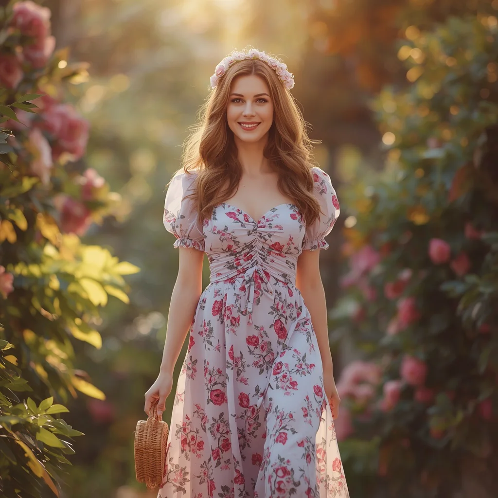 Enchanting Garden Party Attire Amidst Lush Floral Surroundings — AI image prompt