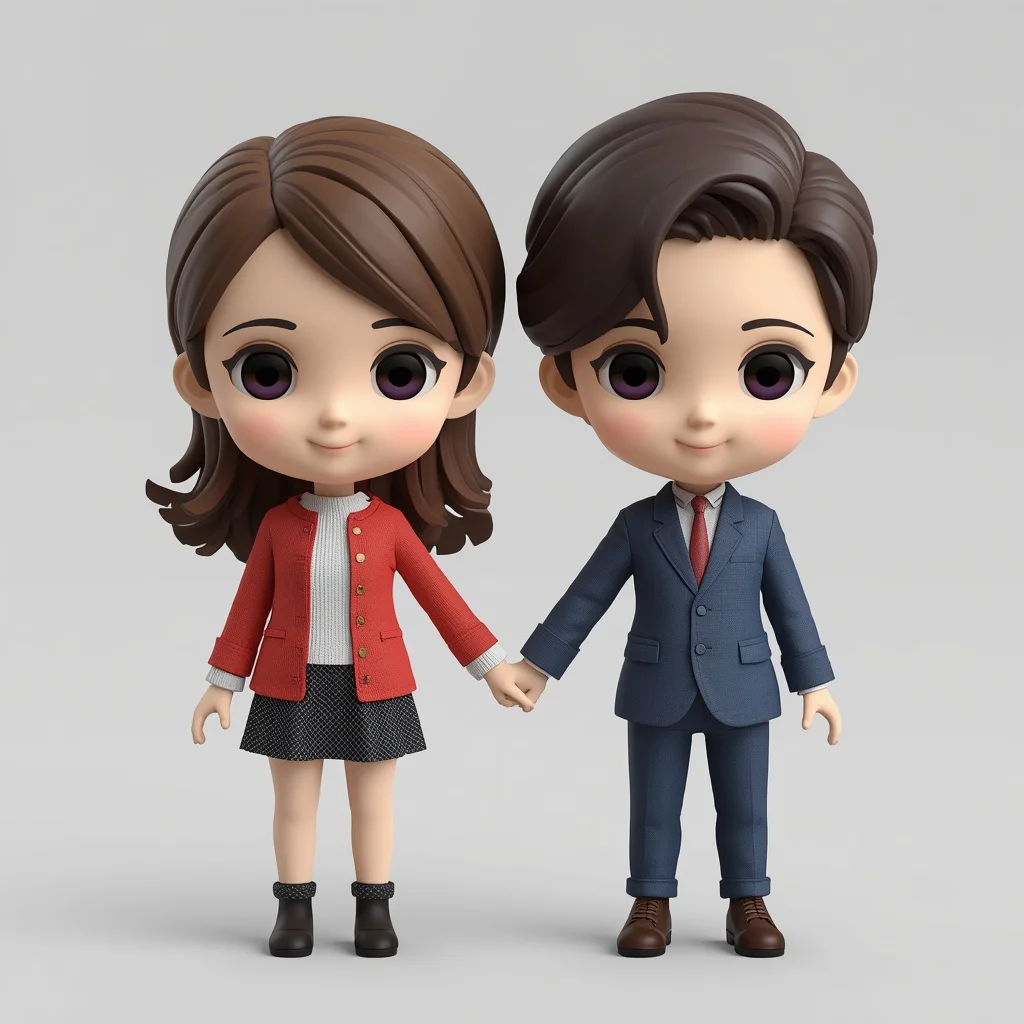 Hyper-stylized 3D Render of Chibi Couple Dolls Holding Hands — AI image prompt