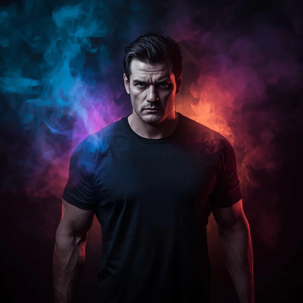 Intense Male Portrait with Abstract Light and Smoke — AI image prompt