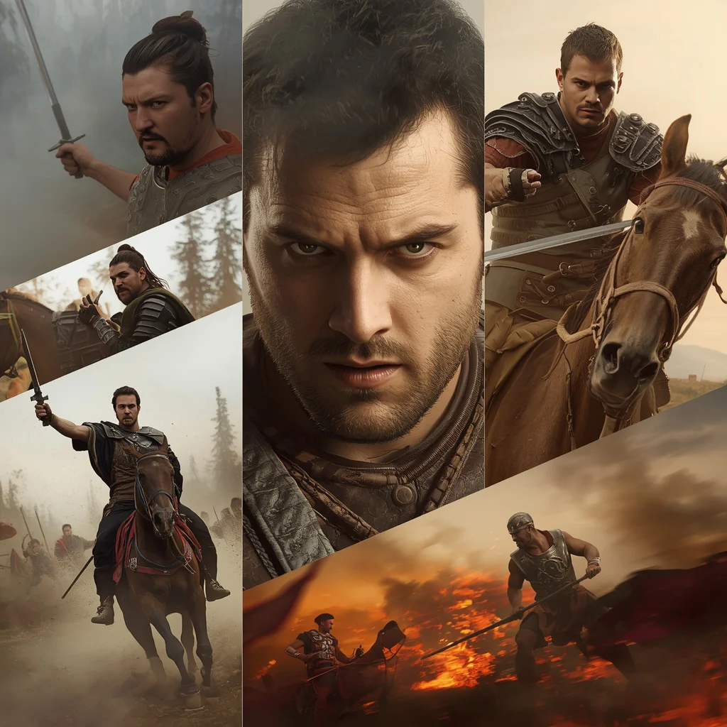 Male Portrait: Ancient Warrior in Epic Battle Sequence Collage — AI image prompt