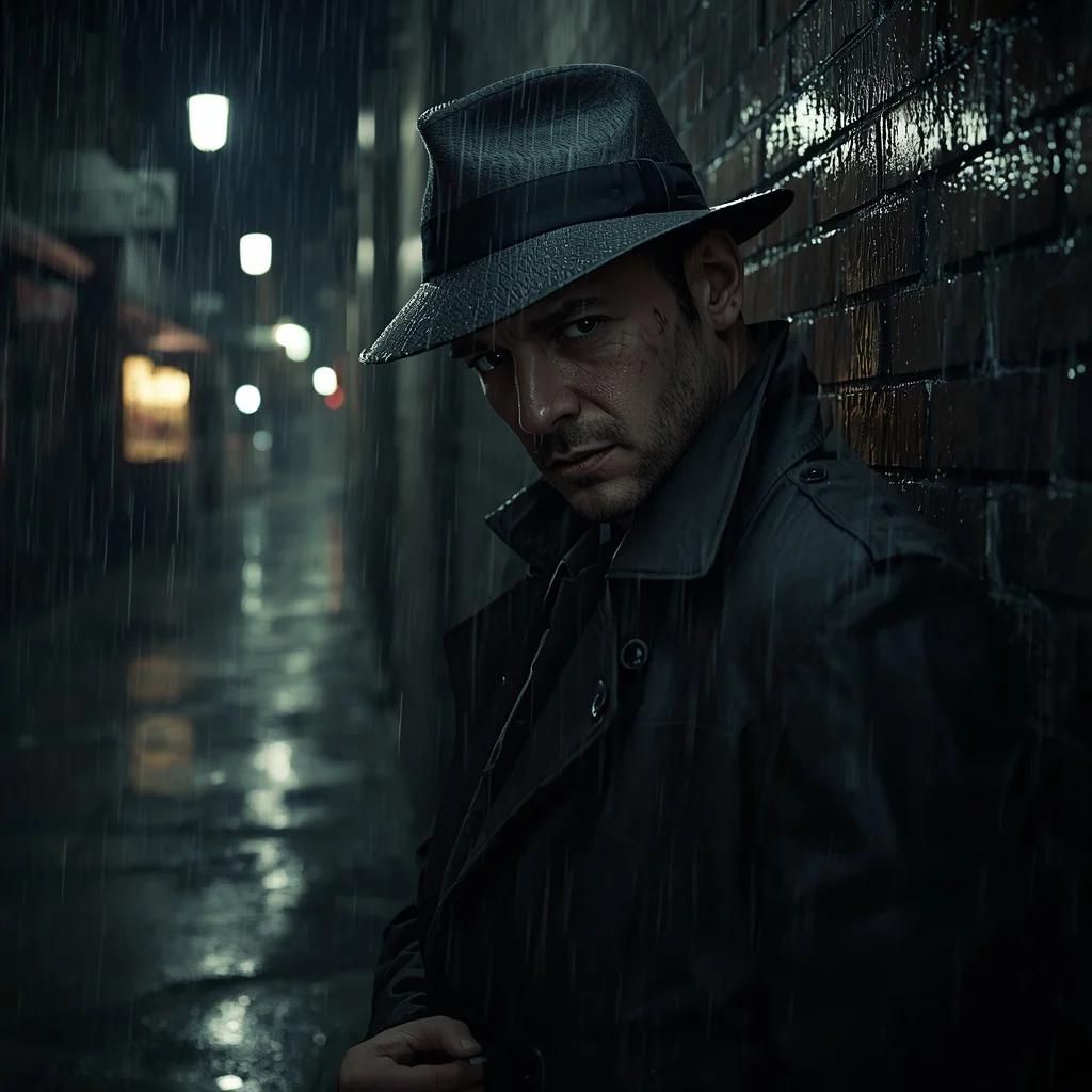 Male Portrait: Brooding Detective in a Rainy City Alley — AI image prompt