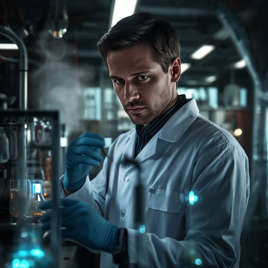 Male Portrait: Intense Scientist in a High-Tech Lab — AI image prompt
