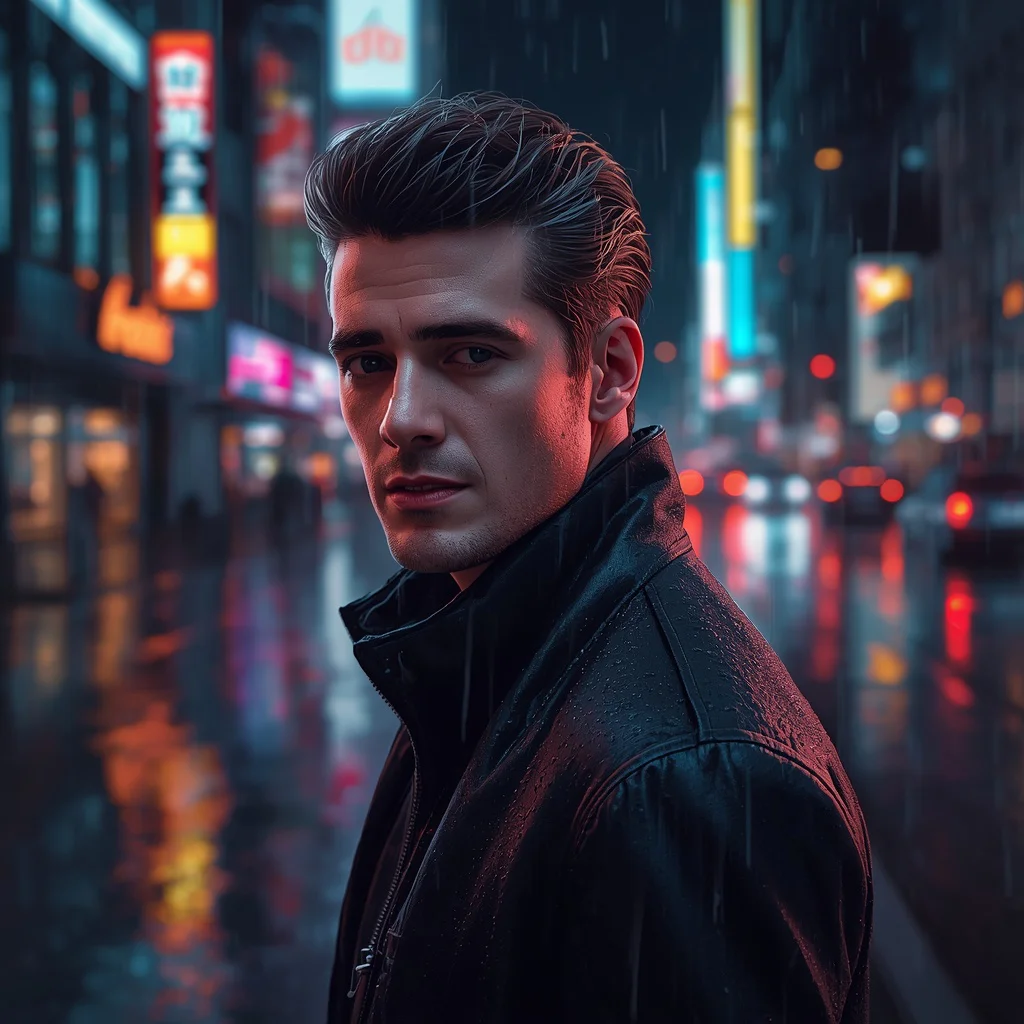 Man's Urban Nightscape Portrait with Neon Reflections — AI image prompt