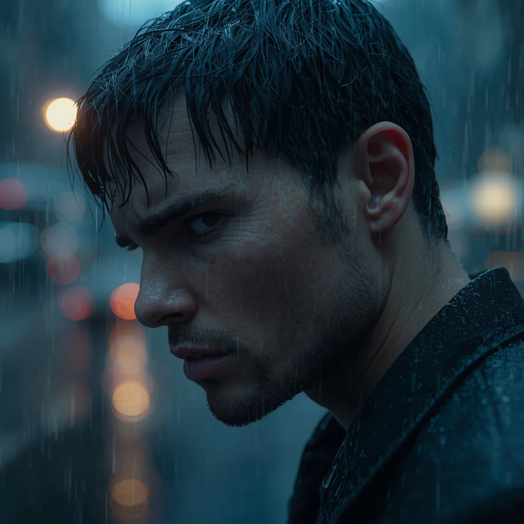 Rain-Streaked Gaze: A Man's Intense Urban Portrait — AI image prompt