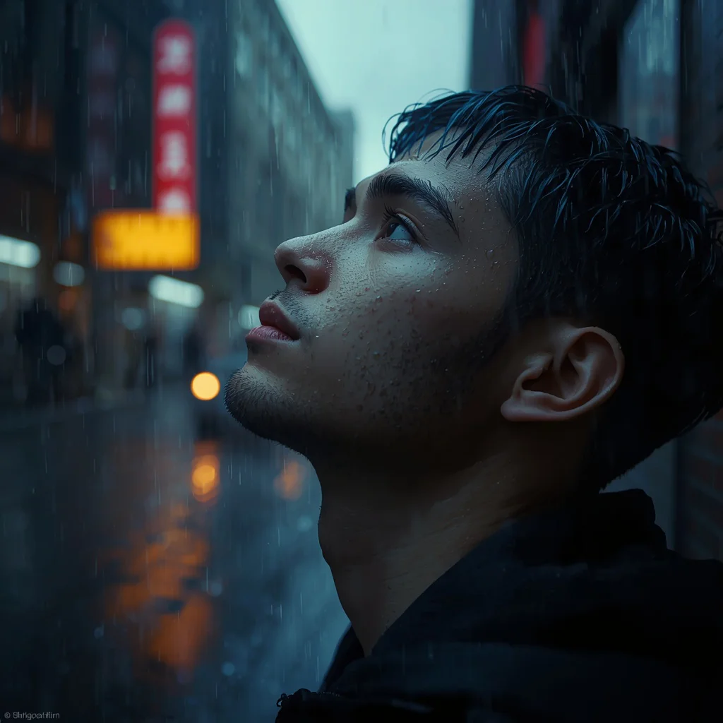 Rainy Reflection: A Man's Contemplation in a Wet Alley — AI image prompt