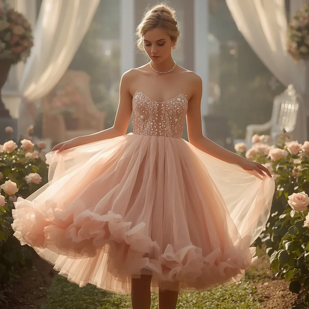 Romantic Blush Pink Tulle A-line Midi Dress with Ruffled Hem for a Dreamy Event — AI image prompt