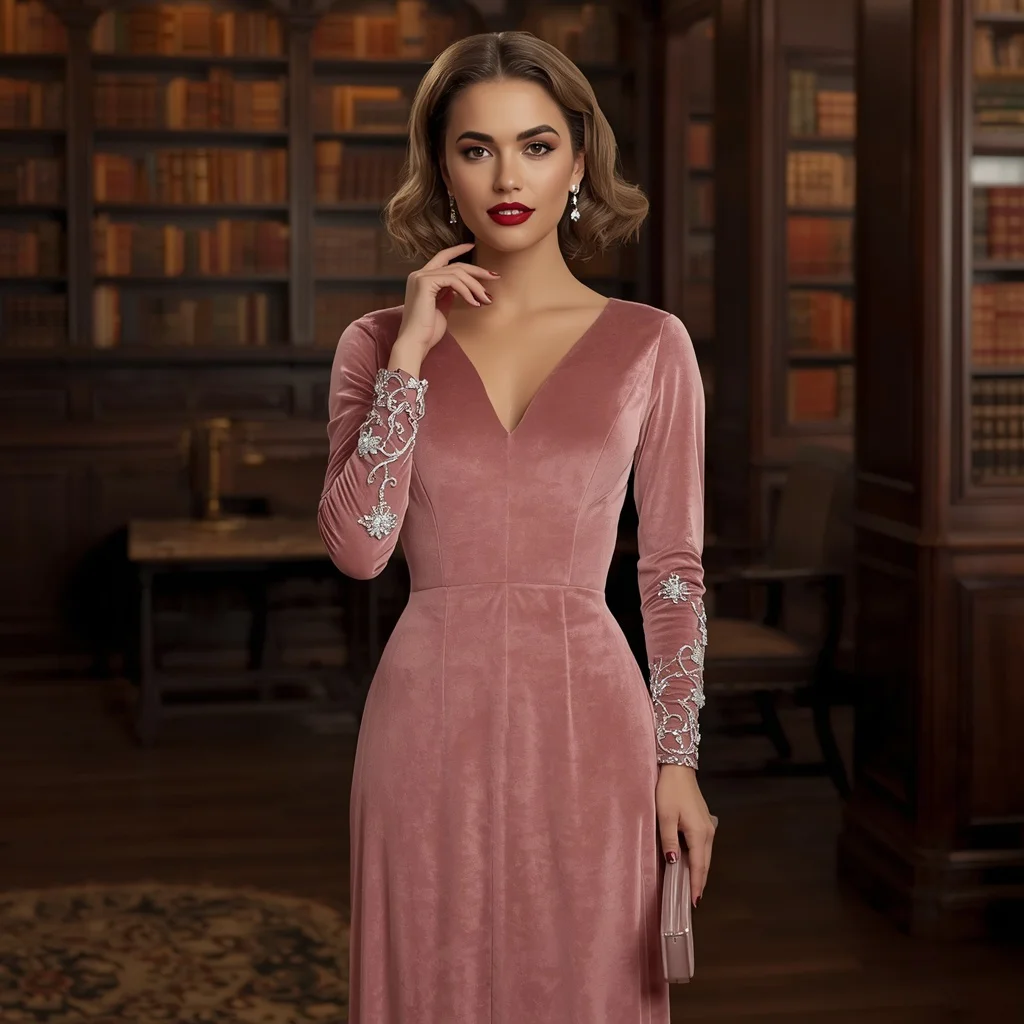Romantic Blush Pink Velvet Gown with Embellished Sleeves for a Winter Ball — AI image prompt