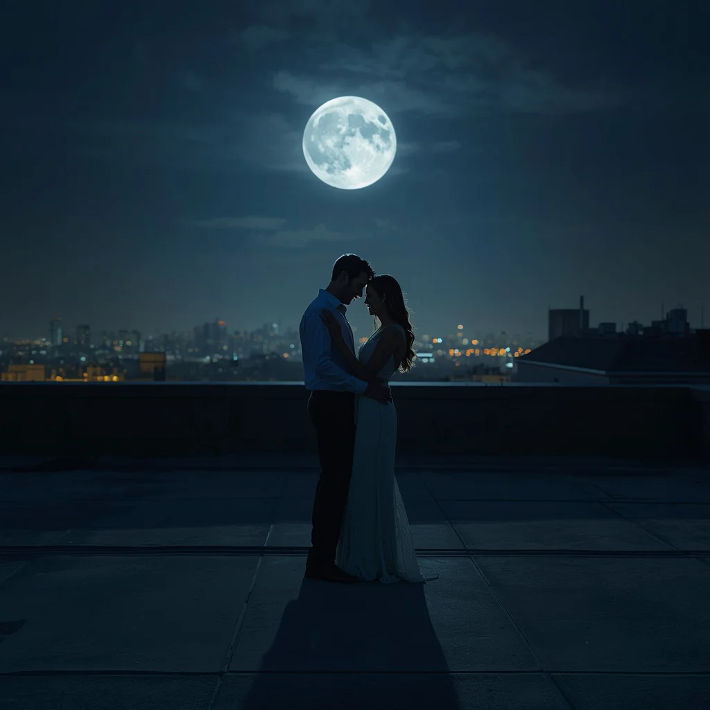 Romantic Couple Dancing on a Rooftop Under a Full Moon — AI image prompt