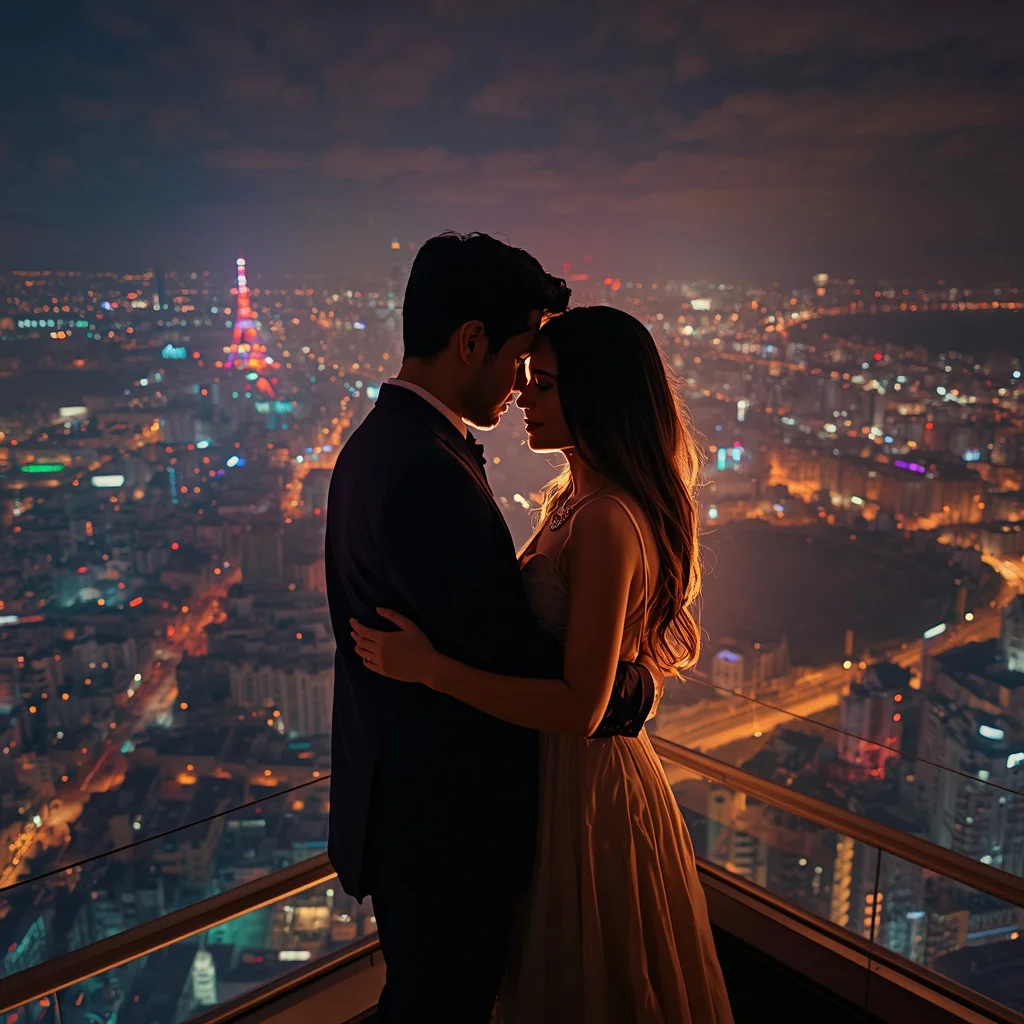 Romantic Couple Embracing on a Rooftop Overlooking a Neon Cityscape — AI image prompt