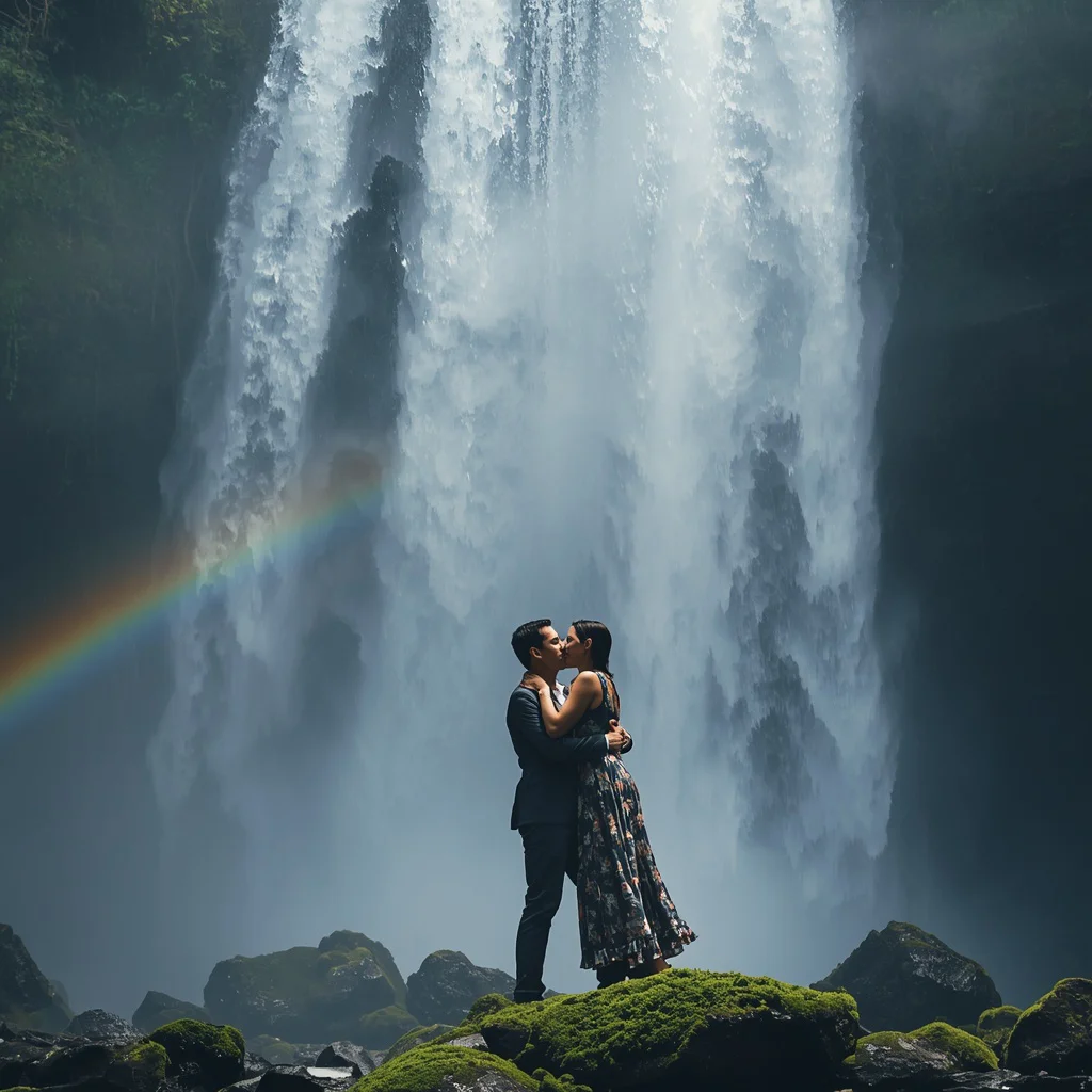 Romantic Couple Kissing Underneath a Waterfall with Rainbow Mist — AI image prompt