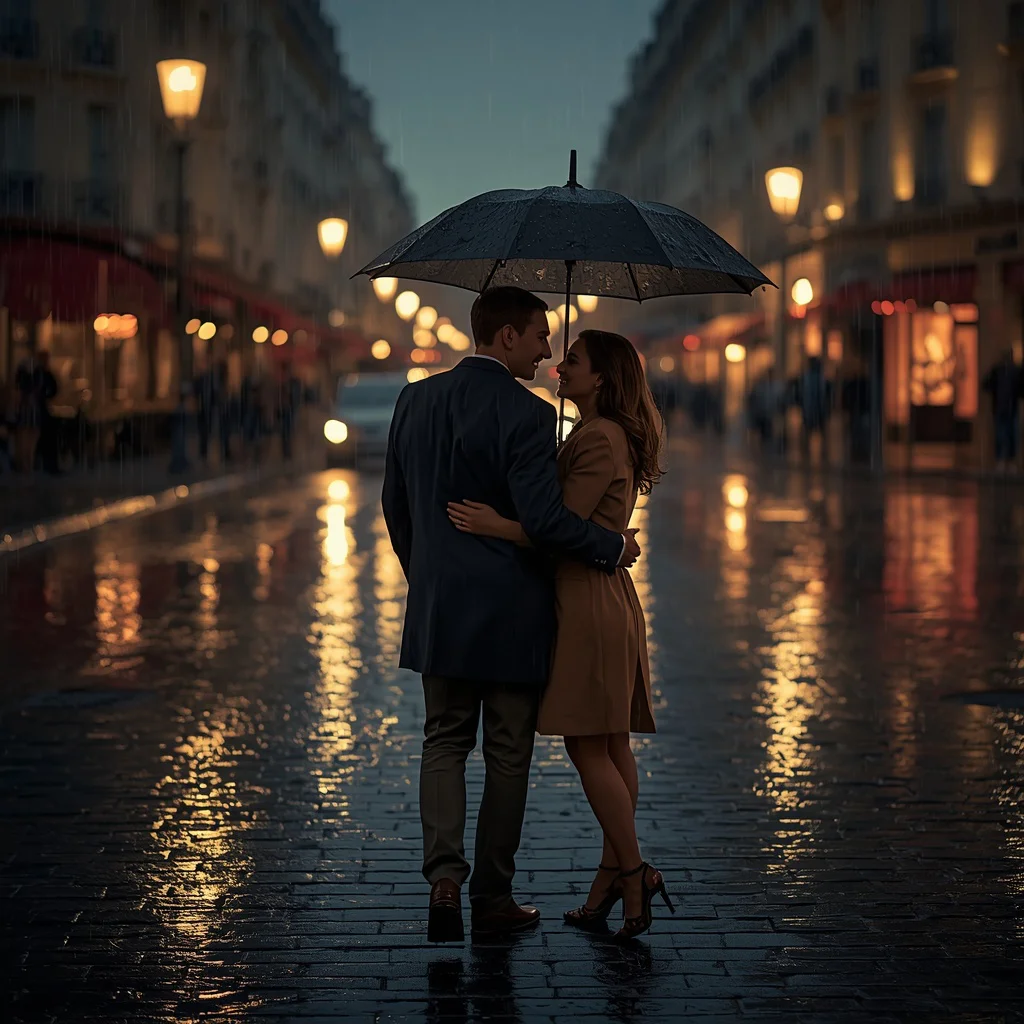 Romantic Couple Sharing an Umbrella on a Cobblestone Street in Paris at Night — AI image prompt