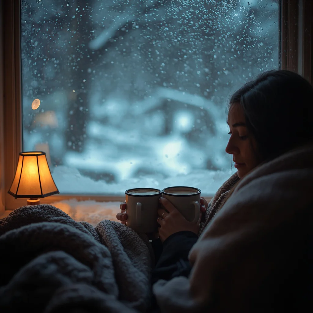 Romantic Couple Sharing Warm Drinks by a Snowy Window During Winter — AI image prompt