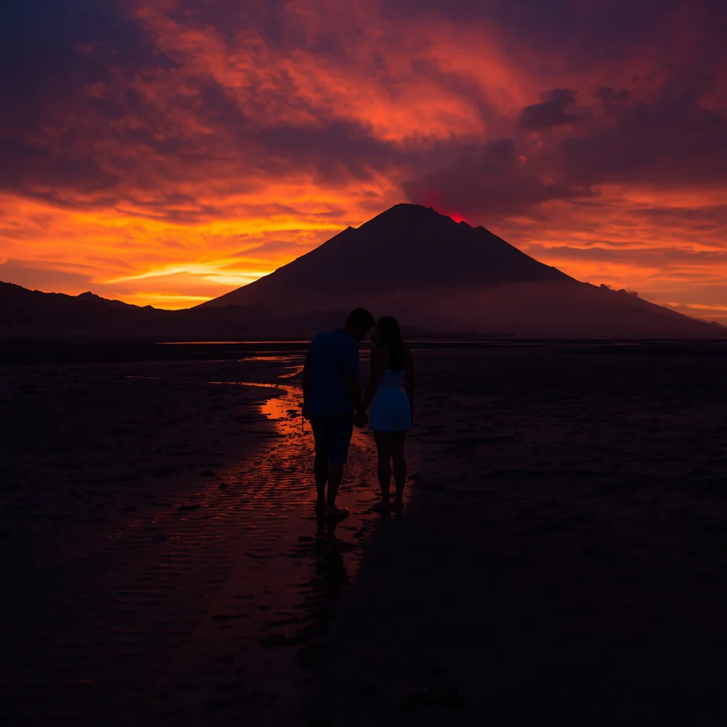 Romantic Couple Silhouetted Against a Fiery Volcano Sunset — AI image prompt