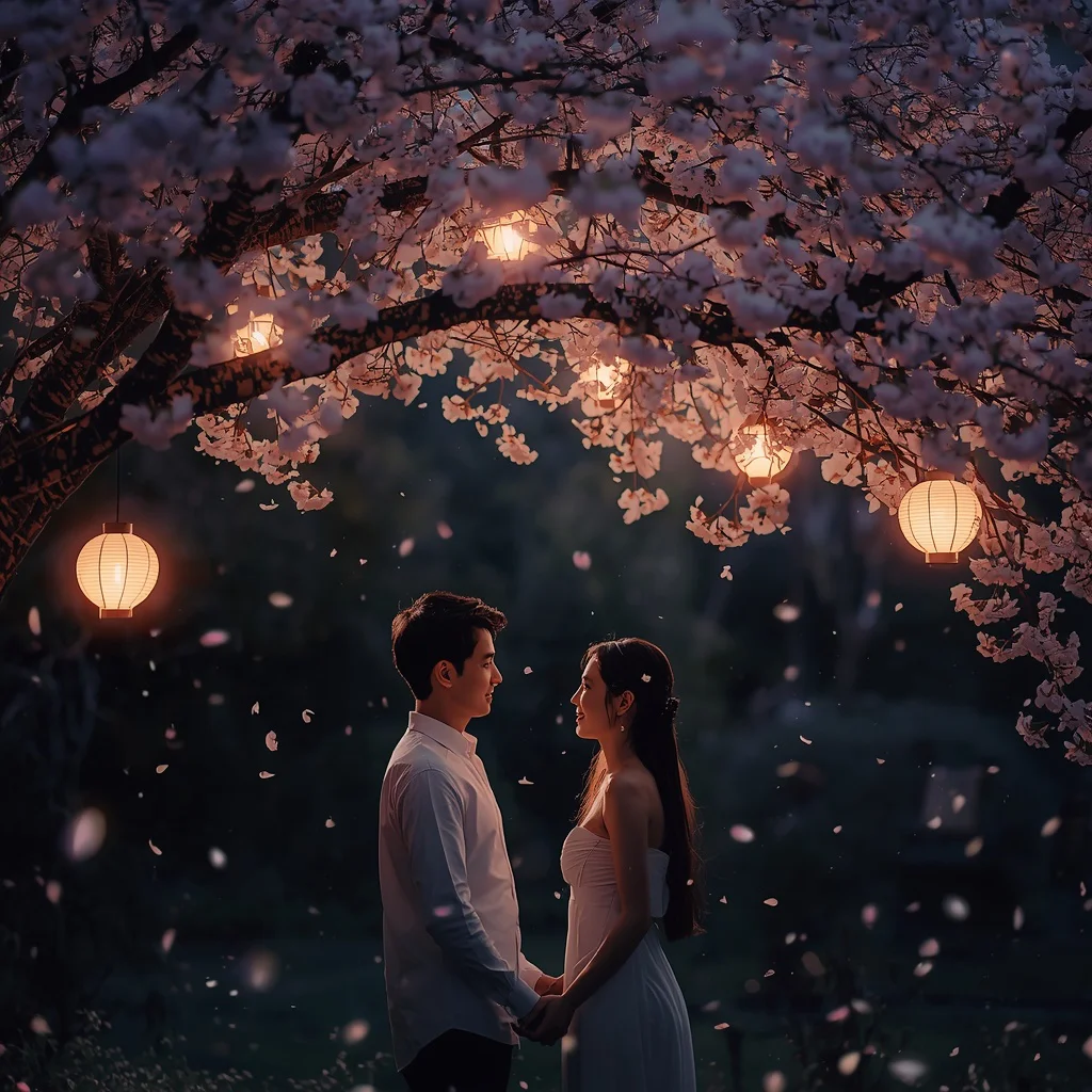 Romantic Couple Under a Cherry Blossom Tree in Full Bloom at Night — AI image prompt