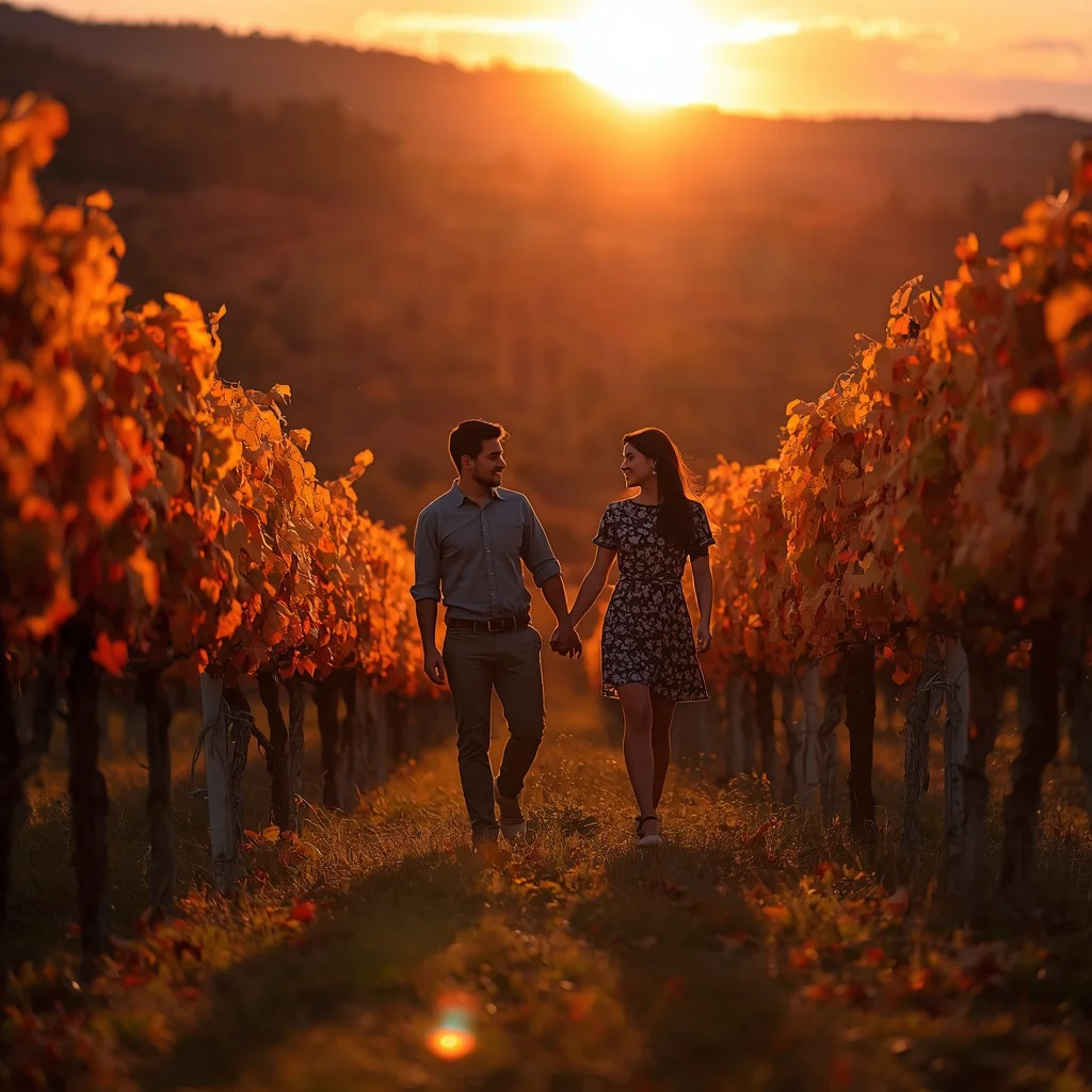 Romantic Couple Walking Hand-in-Hand Through an Autumn Vineyard at Sunset — AI image prompt