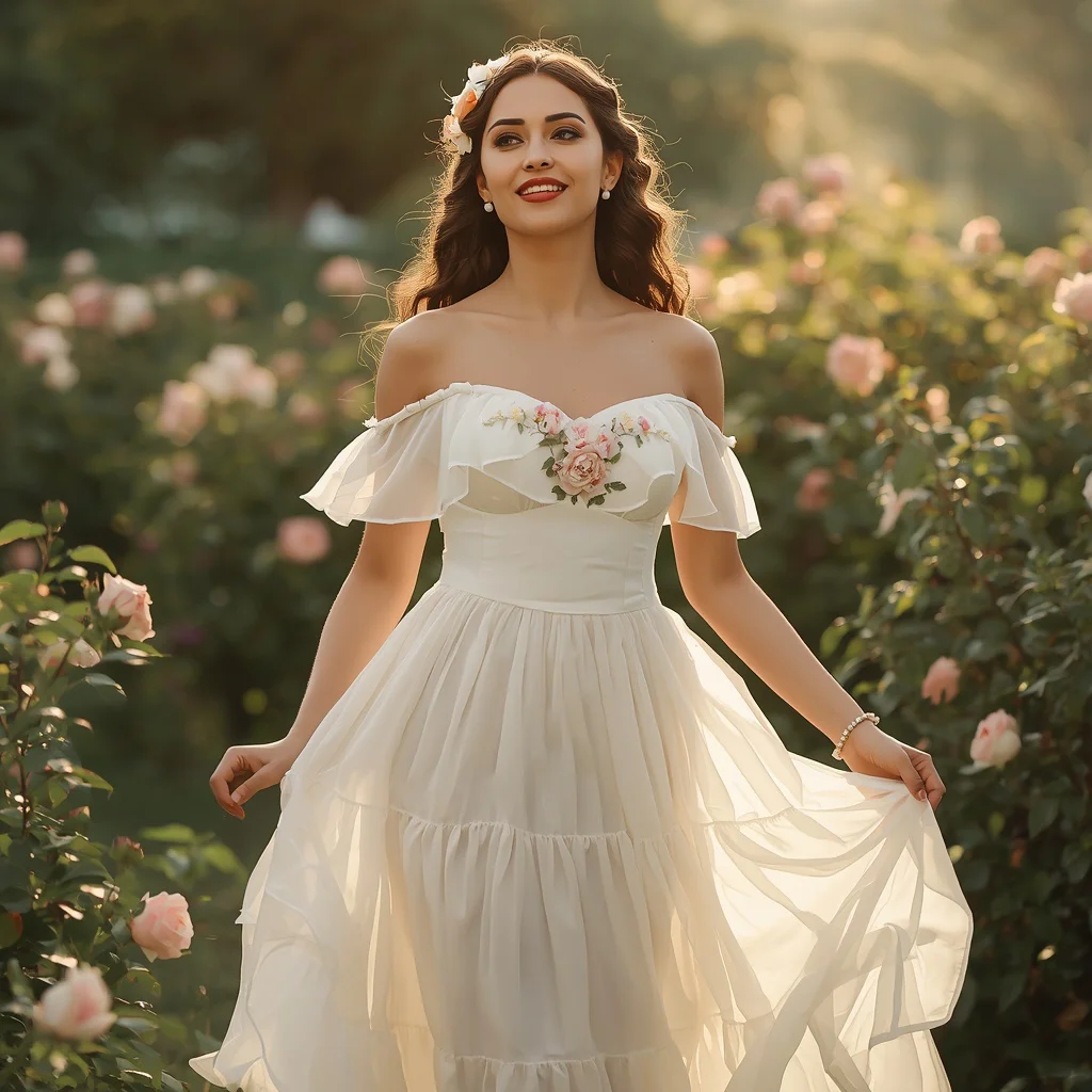 Romantic White Chiffon Off-Shoulder Gown with Floral Details for a Garden Wedding — AI image prompt
