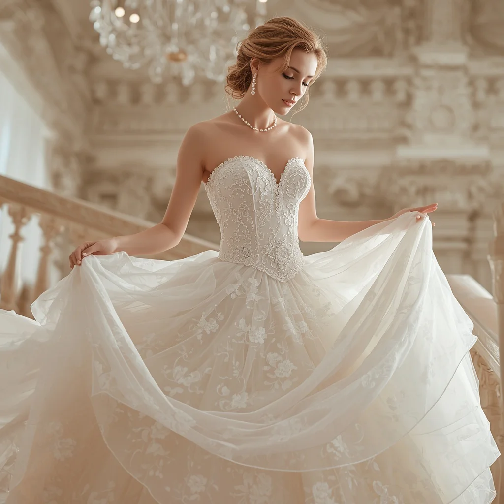 Romantic White Lace Ballgown with Delicate Pearl Bodice for a Fairytale Gala — AI image prompt