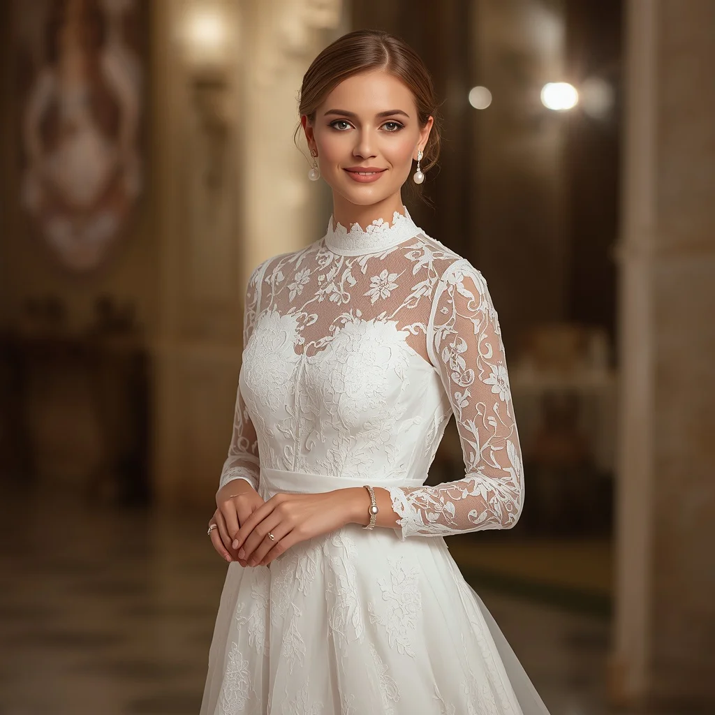 Romantic White Lace Maxi Dress with High Neck and Long Sleeves for a Vintage Ceremony — AI image prompt