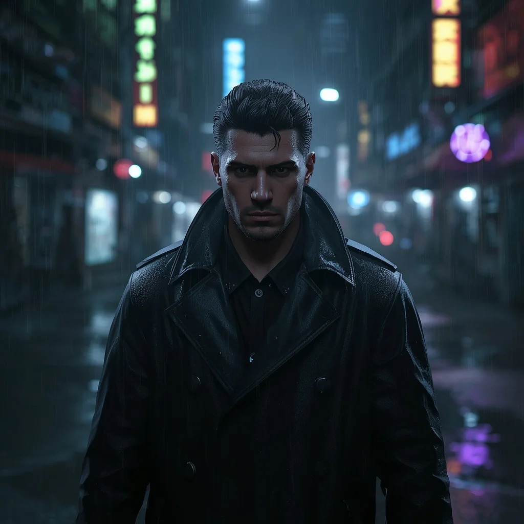 Stoic Male Portrait in Rain-Drenched Cyberpunk Alley — AI image prompt